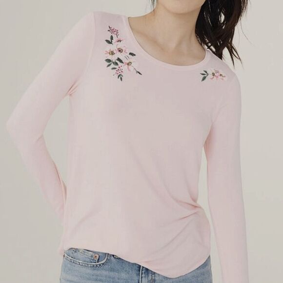 NWOT Aero Pink Long Sleeve Seriously Soft Floral Embroidered Perfect Crew Top - Picture 1 of 14